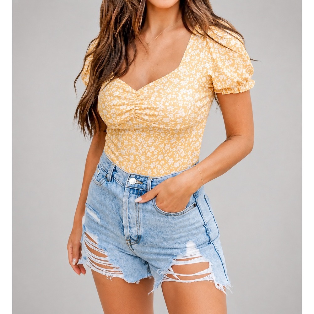 PINK LILY Repeating Sound Cinched Bodysuit Womens L Yellow Floral Puff Sleeves